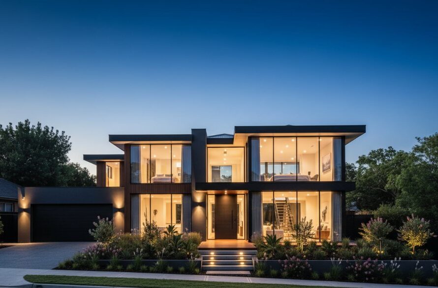 A stunning, wide-angle cinematic shot of a modern Highton family home at twilight, showcasing its illuminated interior and manicured garden with a 'Highton property photography for premium sales results' focus. The warm glow from inside contrasts with the deep blue sky, creating a luxurious and inviting atmosphere.