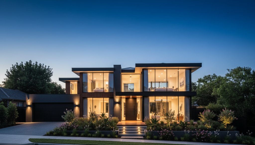 A stunning, wide-angle cinematic shot of a modern Highton family home at twilight, showcasing its illuminated interior and manicured garden with a 'Highton property photography for premium sales results' focus. The warm glow from inside contrasts with the deep blue sky, creating a luxurious and inviting atmosphere.