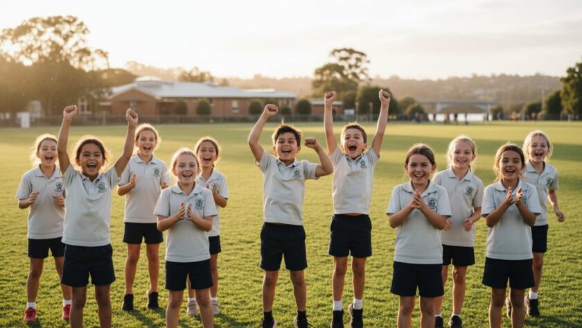 Dynamic wide shot of Highton school children laughing joyfully during an outdoor sports day, with the iconic Barwon River bridge subtly in the background, expertly captured by Highton school photography capturing cherished memories, bathed in warm afternoon sunlight, creating an epic moment of youthful energy and community.