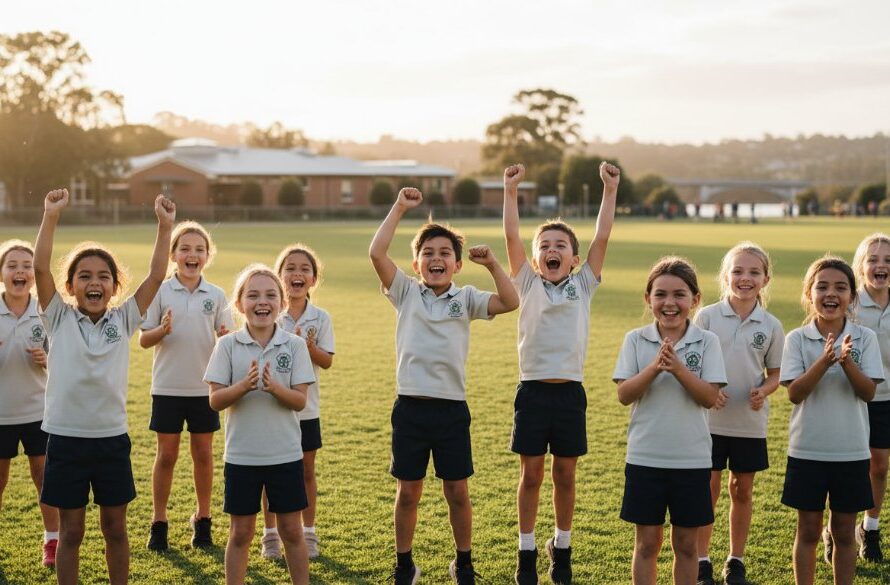 Dynamic wide shot of Highton school children laughing joyfully during an outdoor sports day, with the iconic Barwon River bridge subtly in the background, expertly captured by Highton school photography capturing cherished memories, bathed in warm afternoon sunlight, creating an epic moment of youthful energy and community.