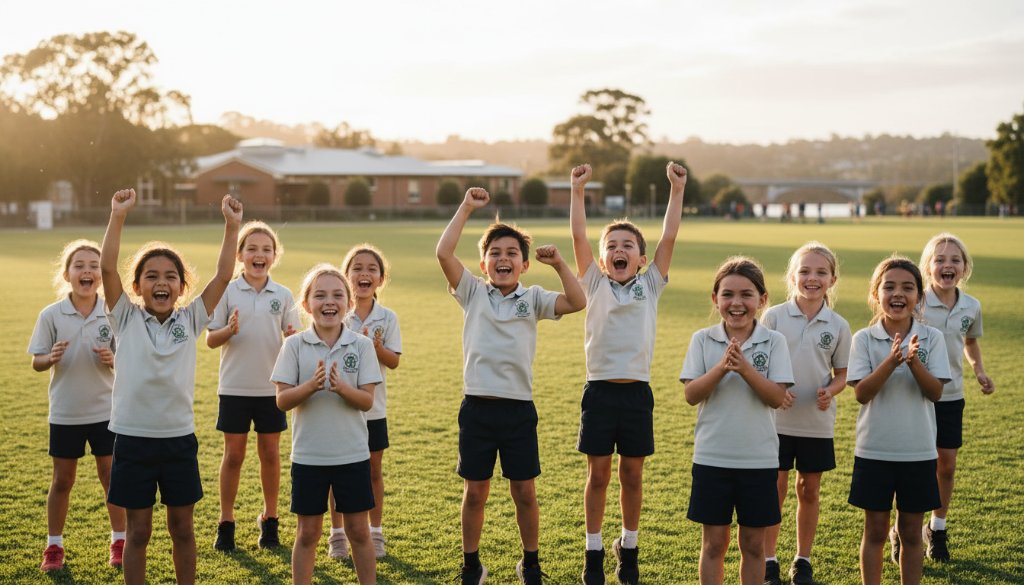 Dynamic wide shot of Highton school children laughing joyfully during an outdoor sports day, with the iconic Barwon River bridge subtly in the background, expertly captured by Highton school photography capturing cherished memories, bathed in warm afternoon sunlight, creating an epic moment of youthful energy and community.