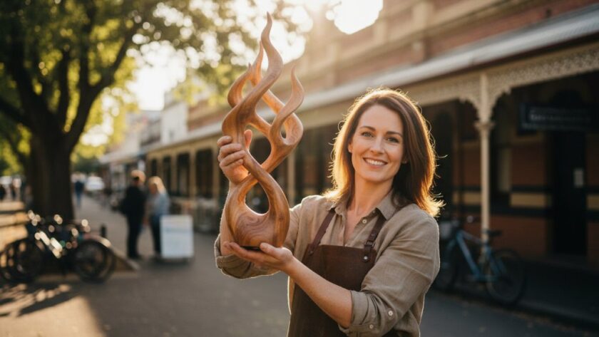 Dynamic, cinematic photograph capturing a small local business owner proudly showcasing their artisanal product in Highton, Victoria, using professional Highton Victoria advertising photography local businesses techniques, with dramatic golden hour lighting highlighting the product and the owner's passion, set against a subtle Highton streetscape.