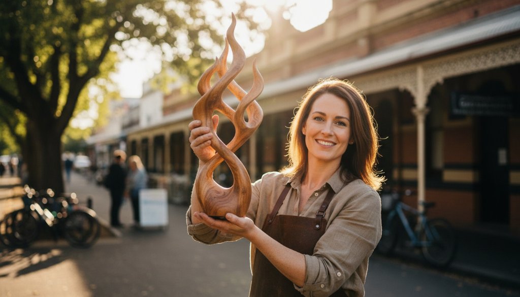 Dynamic, cinematic photograph capturing a small local business owner proudly showcasing their artisanal product in Highton, Victoria, using professional Highton Victoria advertising photography local businesses techniques, with dramatic golden hour lighting highlighting the product and the owner's passion, set against a subtle Highton streetscape.