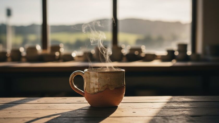 A dramatically lit, close-up shot of a handcrafted ceramic mug from Highton, Victoria, showcasing intricate details and textures against a rustic, sun-drenched background, captured with expert Highton Victoria Bespoke Product Photography.