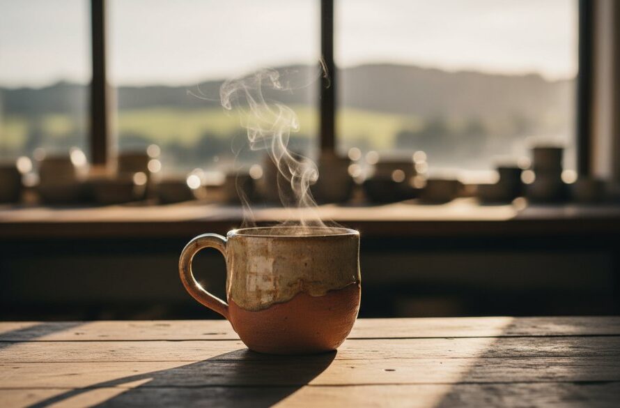 A dramatically lit, close-up shot of a handcrafted ceramic mug from Highton, Victoria, showcasing intricate details and textures against a rustic, sun-drenched background, captured with expert Highton Victoria Bespoke Product Photography.