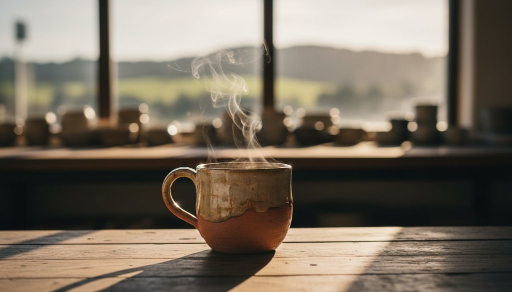 A dramatically lit, close-up shot of a handcrafted ceramic mug from Highton, Victoria, showcasing intricate details and textures against a rustic, sun-drenched background, captured with expert Highton Victoria Bespoke Product Photography.