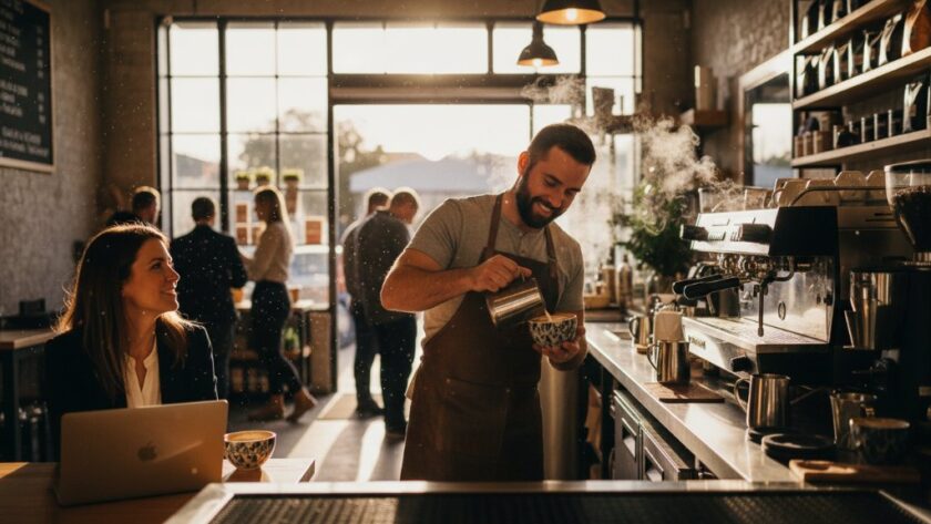 Dynamic shot of a local business owner interacting with a customer at a Highton cafe, bathed in warm afternoon light, showcasing authentic Highton Victoria business branding photography services in action.