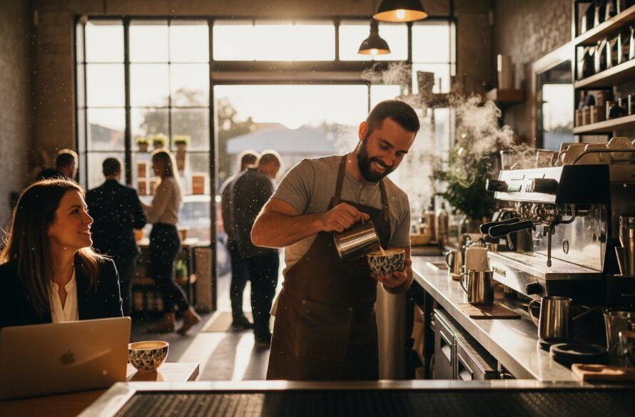Dynamic shot of a local business owner interacting with a customer at a Highton cafe, bathed in warm afternoon light, showcasing authentic Highton Victoria business branding photography services in action.