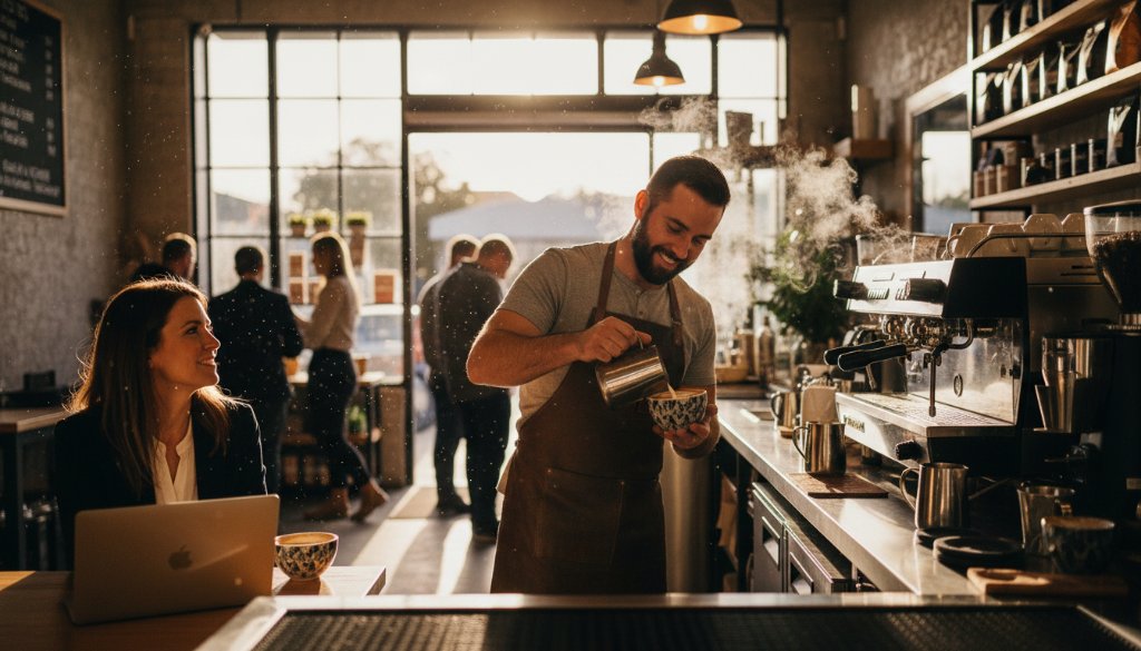 Dynamic shot of a local business owner interacting with a customer at a Highton cafe, bathed in warm afternoon light, showcasing authentic Highton Victoria business branding photography services in action.