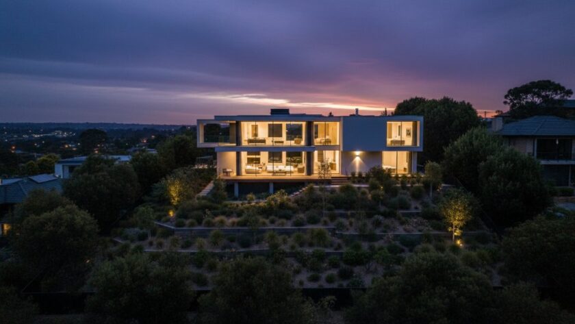 An aerial, dusk shot showcasing a stunning, modern Highton Victoria contemporary home architectural photography marvel, with geometric lines and warm interior lighting illuminating against the twilight sky, surrounded by meticulously landscaped gardens, captured with dramatic, cinematic flair.