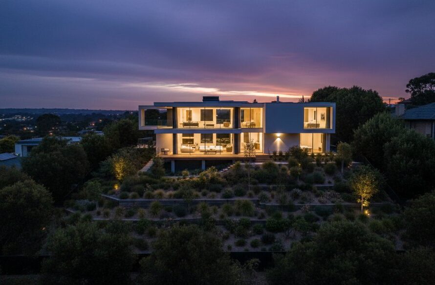 An aerial, dusk shot showcasing a stunning, modern Highton Victoria contemporary home architectural photography marvel, with geometric lines and warm interior lighting illuminating against the twilight sky, surrounded by meticulously landscaped gardens, captured with dramatic, cinematic flair.
