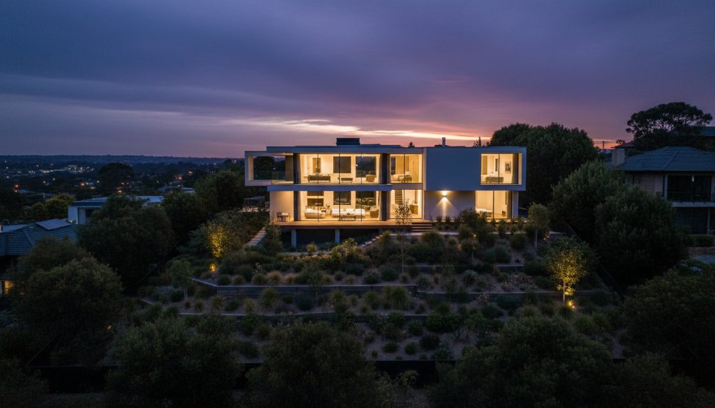 An aerial, dusk shot showcasing a stunning, modern Highton Victoria contemporary home architectural photography marvel, with geometric lines and warm interior lighting illuminating against the twilight sky, surrounded by meticulously landscaped gardens, captured with dramatic, cinematic flair.