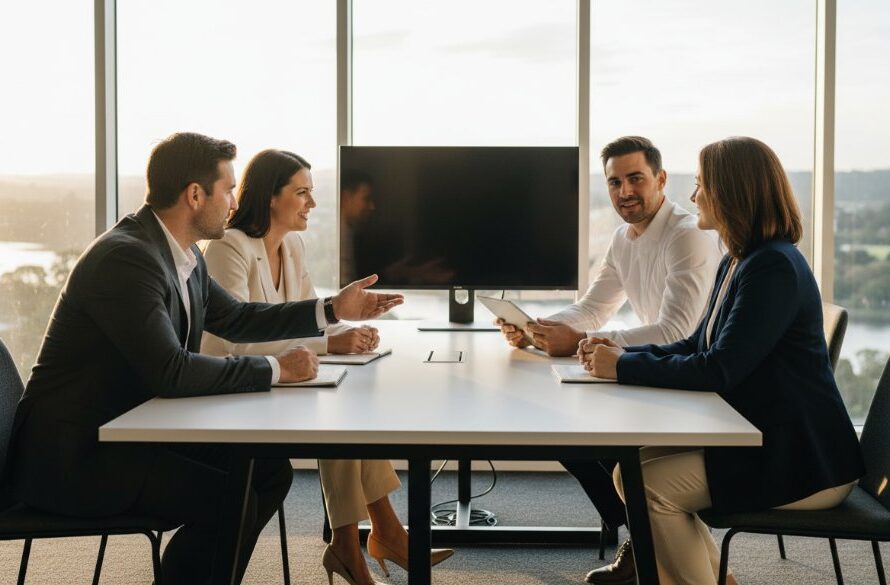 Dynamic wide shot capturing a confident business professional in Highton, Victoria, receiving Highton Victoria corporate headshots that impress, against a modern office backdrop, bathed in soft, professional light, exuding competence and approachability.