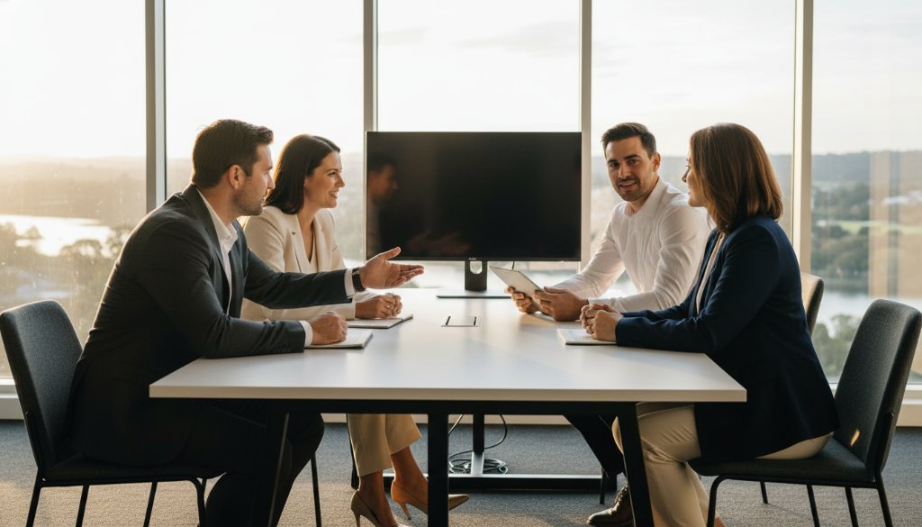 Dynamic wide shot capturing a confident business professional in Highton, Victoria, receiving Highton Victoria corporate headshots that impress, against a modern office backdrop, bathed in soft, professional light, exuding competence and approachability.