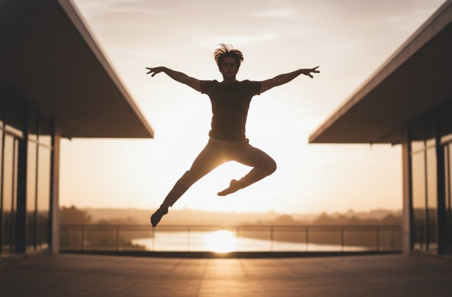 A male dancer in peak performance, mid-leap with dramatic lighting, embodying the essence of Highton Victoria dynamic dance photography against a blurred background, capturing an epic moment of athleticism and grace.