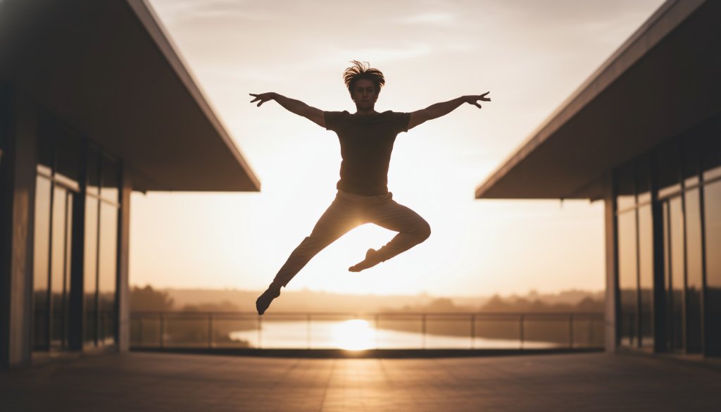 A male dancer in peak performance, mid-leap with dramatic lighting, embodying the essence of Highton Victoria dynamic dance photography against a blurred background, capturing an epic moment of athleticism and grace.