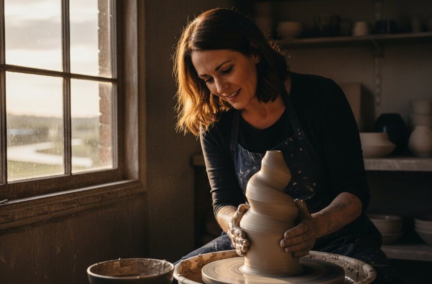 Dynamic editorial photograph showcasing a Highton artisan passionately working in their sunlit studio, capturing the authentic narrative of local craftsmanship with dramatic backlighting and intricate detail.