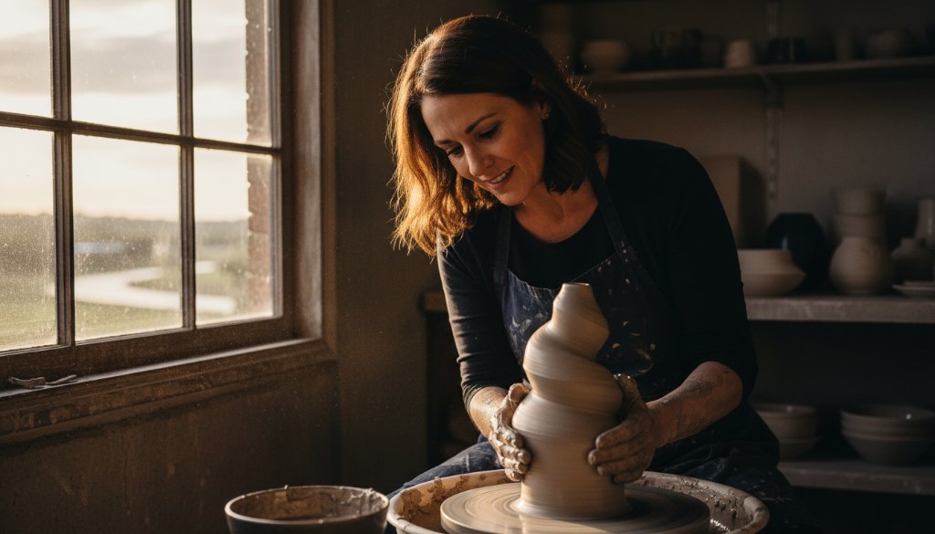 Dynamic editorial photograph showcasing a Highton artisan passionately working in their sunlit studio, capturing the authentic narrative of local craftsmanship with dramatic backlighting and intricate detail.