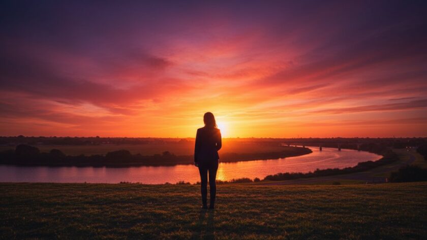 A dramatic, cinematic Highton Victoria fine art photography unique portraits shot of a person standing silhouetted against a vibrant sunset over the Barwon River, evoking a sense of artistic contemplation and deep emotion.