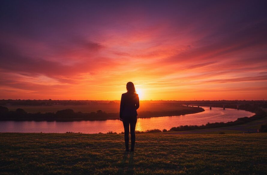 A dramatic, cinematic Highton Victoria fine art photography unique portraits shot of a person standing silhouetted against a vibrant sunset over the Barwon River, evoking a sense of artistic contemplation and deep emotion.