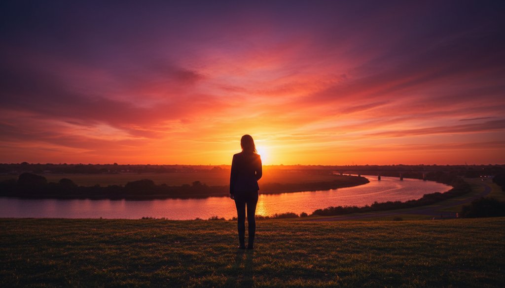 A dramatic, cinematic Highton Victoria fine art photography unique portraits shot of a person standing silhouetted against a vibrant sunset over the Barwon River, evoking a sense of artistic contemplation and deep emotion.