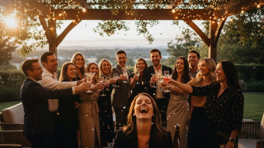 An emotionally charged, wide-angle shot of friends laughing and embracing under sparkling fairy lights at a vibrant outdoor party overlooking the Barwon River in Highton, Victoria, perfectly capturing 'Highton Victoria unforgettable party photography' with dramatic backlighting and warm, celebratory tones.