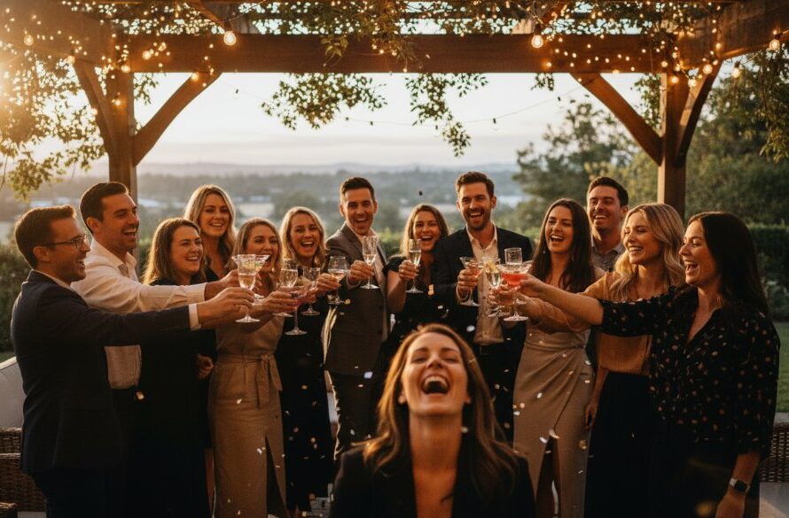 An emotionally charged, wide-angle shot of friends laughing and embracing under sparkling fairy lights at a vibrant outdoor party overlooking the Barwon River in Highton, Victoria, perfectly capturing 'Highton Victoria unforgettable party photography' with dramatic backlighting and warm, celebratory tones.