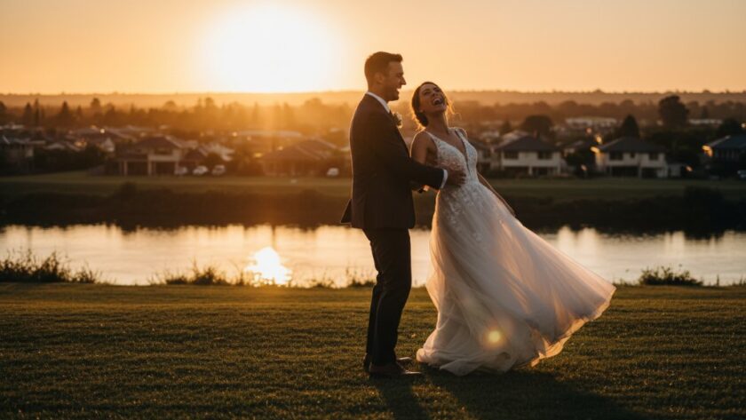 A newly married couple sharing a Highton wedding photography candid moment, laughing joyfully on a scenic hill overlooking Geelong's Barwon River at sunset, beautifully captured with professional, cinematic lighting.