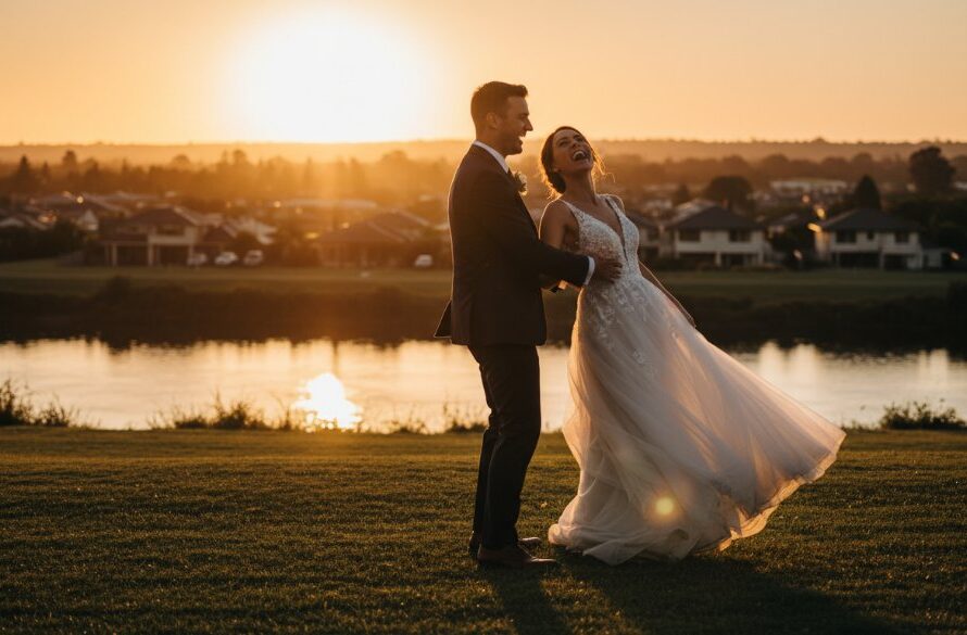A newly married couple sharing a Highton wedding photography candid moment, laughing joyfully on a scenic hill overlooking Geelong's Barwon River at sunset, beautifully captured with professional, cinematic lighting.