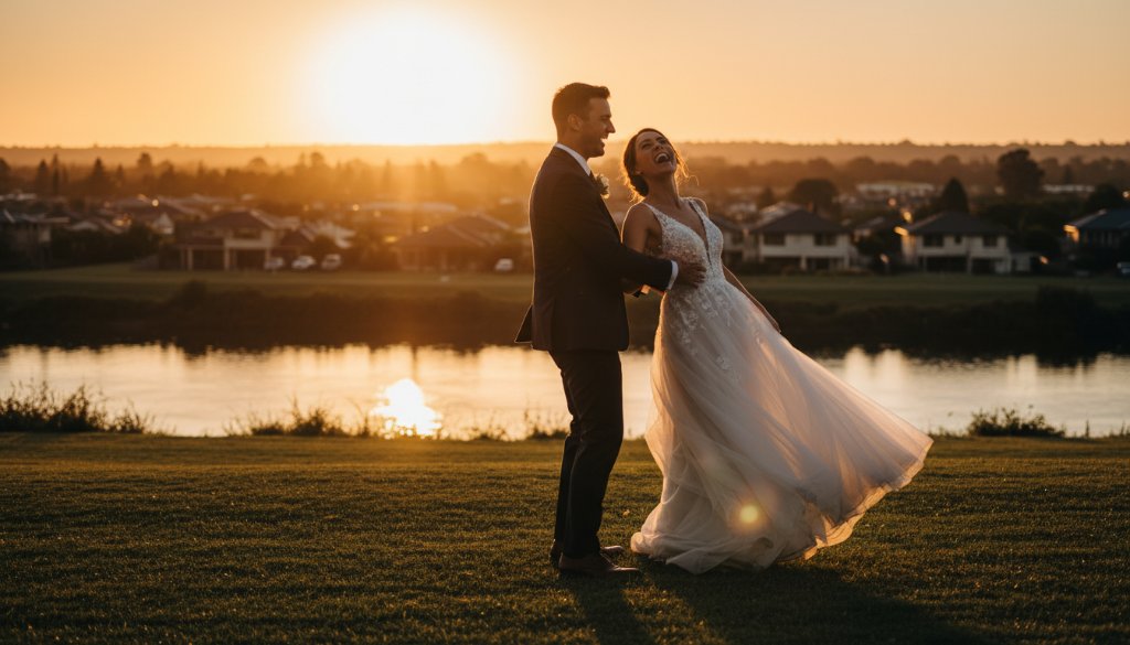 A newly married couple sharing a Highton wedding photography candid moment, laughing joyfully on a scenic hill overlooking Geelong's Barwon River at sunset, beautifully captured with professional, cinematic lighting.