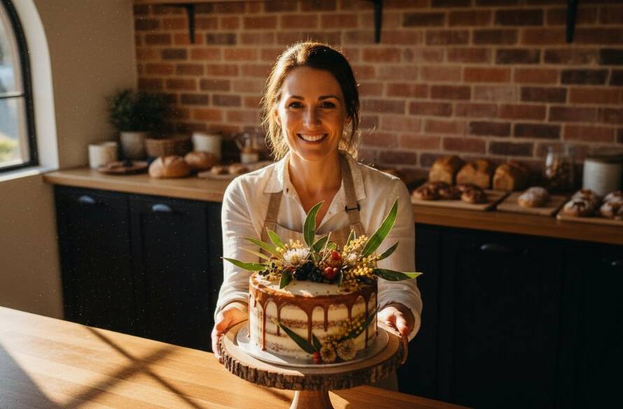 A dynamic, high-angle shot showcasing a local Hillside business owner proudly presenting their product with dramatic, cinematic lighting, embodying Hillside Victoria advertising photography solutions.
