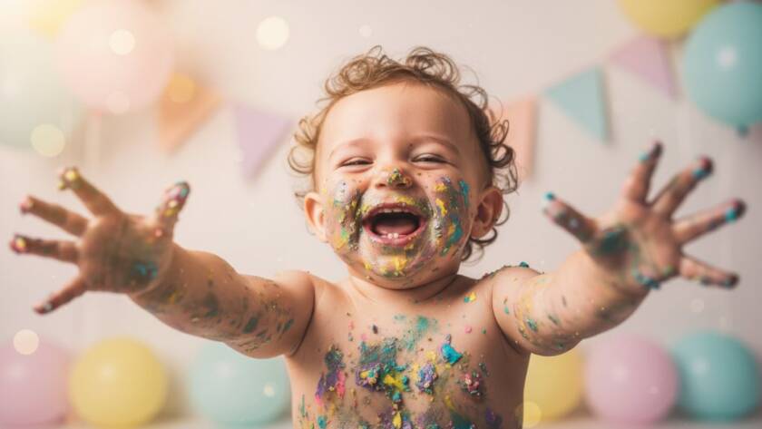 A joyful baby, covered in cake, smiling broadly amidst colourful decorations at a Hillside Victoria baby's first birthday cake smash photography session, captured with dramatic lighting.