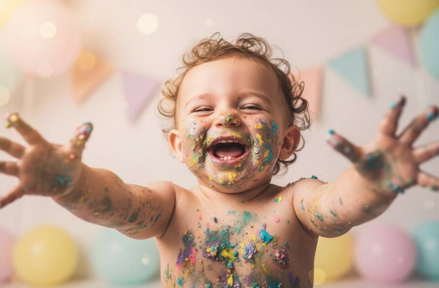 A joyful baby, covered in cake, smiling broadly amidst colourful decorations at a Hillside Victoria baby's first birthday cake smash photography session, captured with dramatic lighting.
