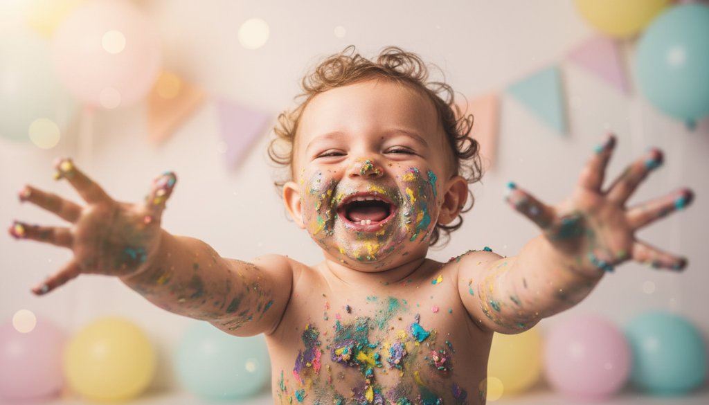 A joyful baby, covered in cake, smiling broadly amidst colourful decorations at a Hillside Victoria baby's first birthday cake smash photography session, captured with dramatic lighting.