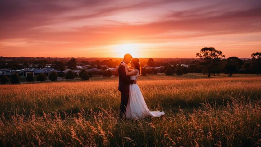 An epic, emotionally charged photograph capturing a newlywed couple's intimate embrace at sunset in a beautiful, sprawling Hillside, Victoria landscape, highlighting their Hillside Victoria bespoke wedding photography memories with dramatic backlighting and warm, golden hour tones.