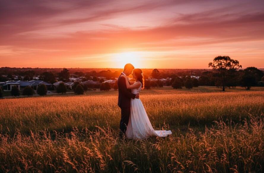 An epic, emotionally charged photograph capturing a newlywed couple's intimate embrace at sunset in a beautiful, sprawling Hillside, Victoria landscape, highlighting their Hillside Victoria bespoke wedding photography memories with dramatic backlighting and warm, golden hour tones.
