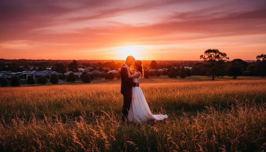 An epic, emotionally charged photograph capturing a newlywed couple's intimate embrace at sunset in a beautiful, sprawling Hillside, Victoria landscape, highlighting their Hillside Victoria bespoke wedding photography memories with dramatic backlighting and warm, golden hour tones.
