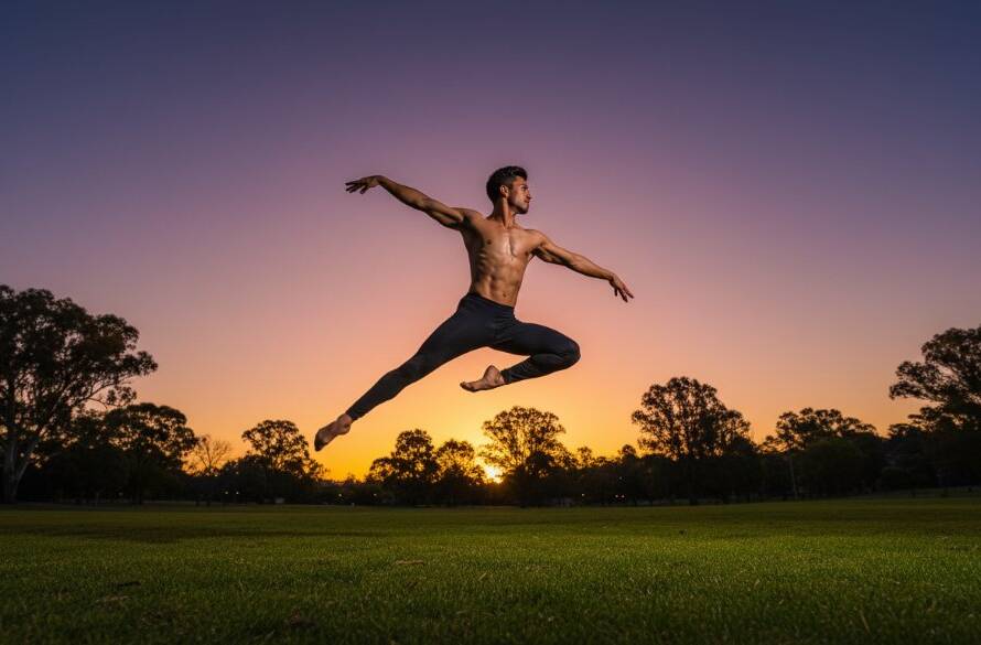 An epic moment captured in Hillside Victoria captivating dance photography for artists, featuring a dancer in mid-air, bathed in golden hour light against a lush, green Hillside park backdrop, showcasing power and grace.