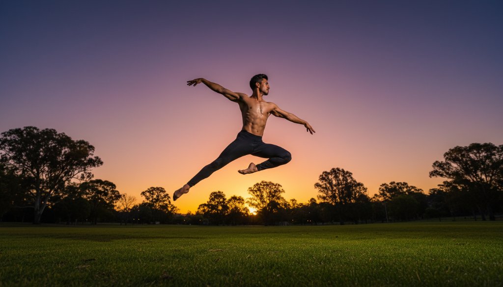 An epic moment captured in Hillside Victoria captivating dance photography for artists, featuring a dancer in mid-air, bathed in golden hour light against a lush, green Hillside park backdrop, showcasing power and grace.