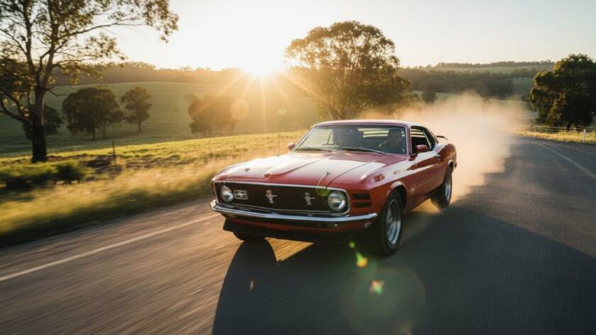 A stunning wide-angle shot of a meticulously restored vintage Ford Mustang performing a controlled drift on a winding country road near Hillside, Victoria, during golden hour. The sunlight glints off its polished chrome and vibrant red paint as dust kicks up, creating an epic moment for a Hillside Victoria classic car photoshoot, captured with dramatic lighting and professional colour grading.
