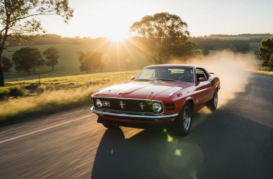 A stunning wide-angle shot of a meticulously restored vintage Ford Mustang performing a controlled drift on a winding country road near Hillside, Victoria, during golden hour. The sunlight glints off its polished chrome and vibrant red paint as dust kicks up, creating an epic moment for a Hillside Victoria classic car photoshoot, captured with dramatic lighting and professional colour grading.