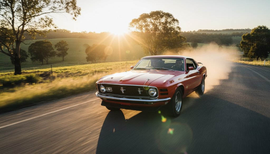 A stunning wide-angle shot of a meticulously restored vintage Ford Mustang performing a controlled drift on a winding country road near Hillside, Victoria, during golden hour. The sunlight glints off its polished chrome and vibrant red paint as dust kicks up, creating an epic moment for a Hillside Victoria classic car photoshoot, captured with dramatic lighting and professional colour grading.