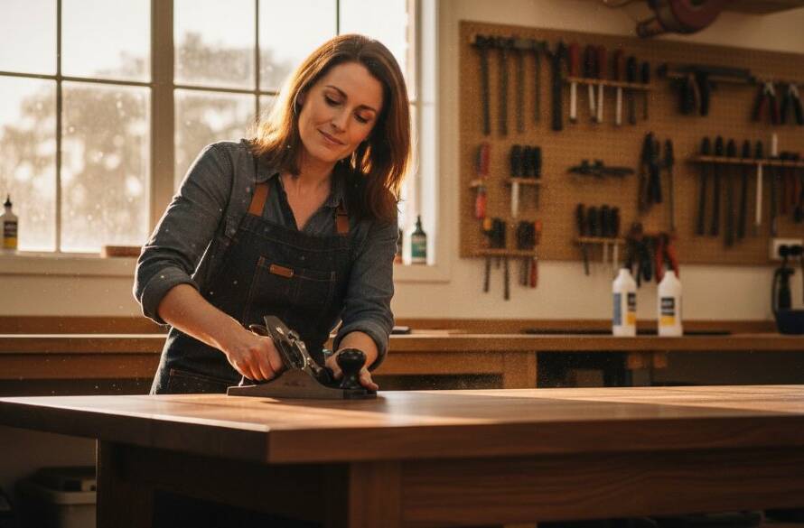 Dynamic and striking Hillside Victoria commercial photography for local brands, featuring a skilled artisan meticulously crafting bespoke furniture in a sunlit workshop, with dramatic backlighting highlighting the sawdust and tools, capturing an epic moment of dedication and craftsmanship.