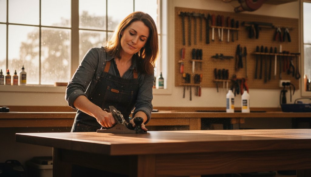 Dynamic and striking Hillside Victoria commercial photography for local brands, featuring a skilled artisan meticulously crafting bespoke furniture in a sunlit workshop, with dramatic backlighting highlighting the sawdust and tools, capturing an epic moment of dedication and craftsmanship.