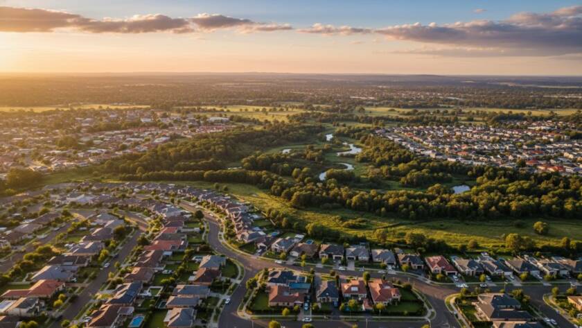 An epic drone shot above Hillside, Victoria, showcasing the sprawling suburban landscape meeting vast green parklands under a dramatic golden hour sky, perfectly illustrating Hillside Victoria drone photography capturing local beauty.