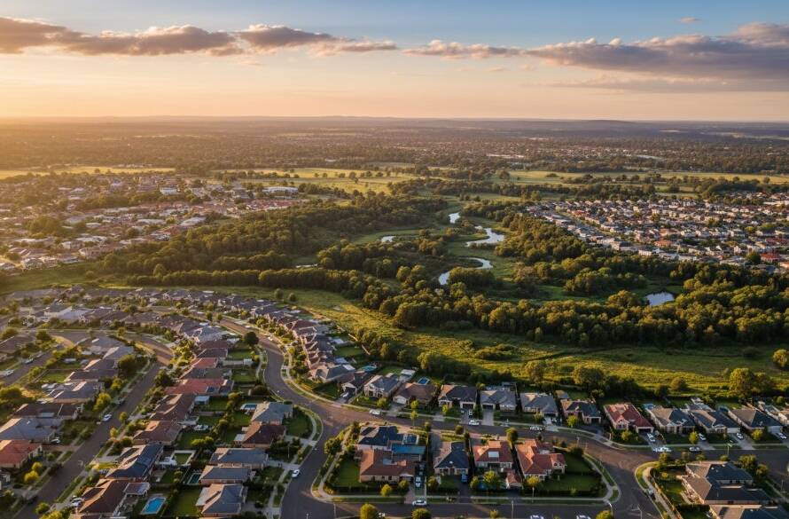 An epic drone shot above Hillside, Victoria, showcasing the sprawling suburban landscape meeting vast green parklands under a dramatic golden hour sky, perfectly illustrating Hillside Victoria drone photography capturing local beauty.