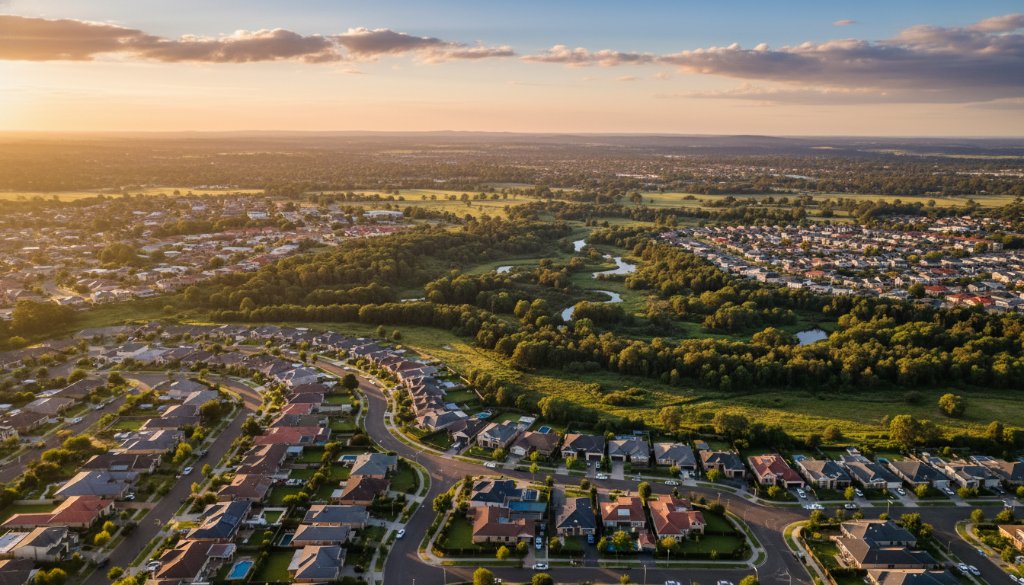 An epic drone shot above Hillside, Victoria, showcasing the sprawling suburban landscape meeting vast green parklands under a dramatic golden hour sky, perfectly illustrating Hillside Victoria drone photography capturing local beauty.