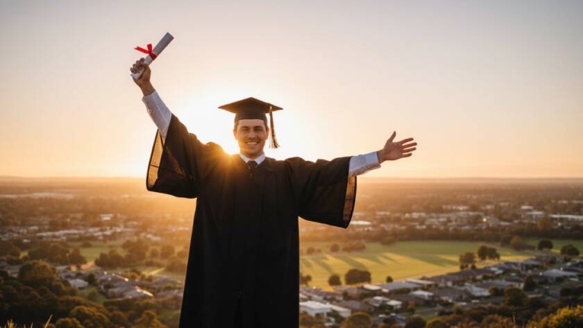 A jubilant graduate in a cap and gown, framed against the vibrant sunset over Hillside, Victoria, holding their diploma high in an epic, professionally lit photograph, perfectly capturing Hillside Victoria graduation photography moments.