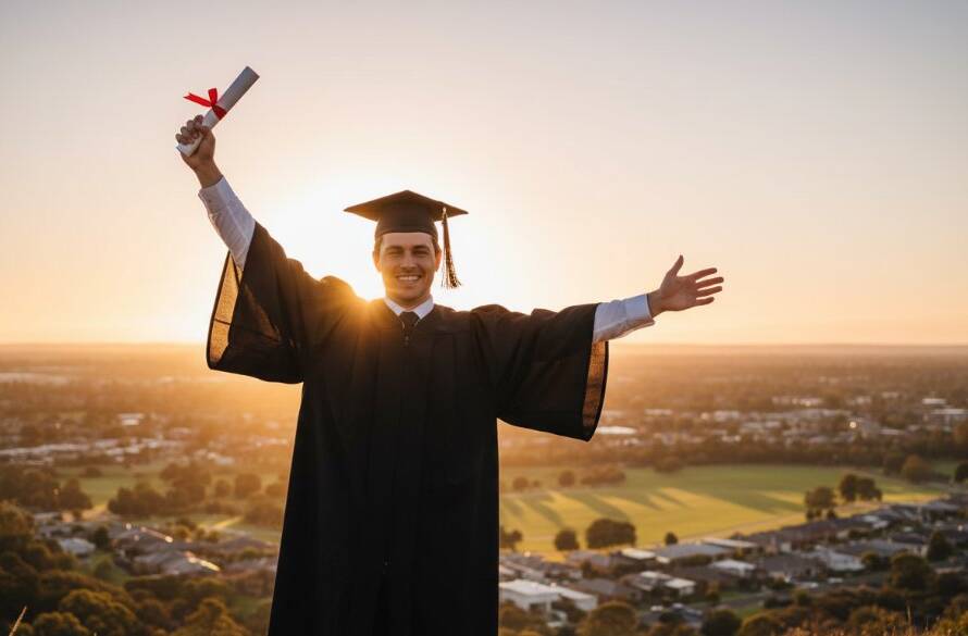 A jubilant graduate in a cap and gown, framed against the vibrant sunset over Hillside, Victoria, holding their diploma high in an epic, professionally lit photograph, perfectly capturing Hillside Victoria graduation photography moments.