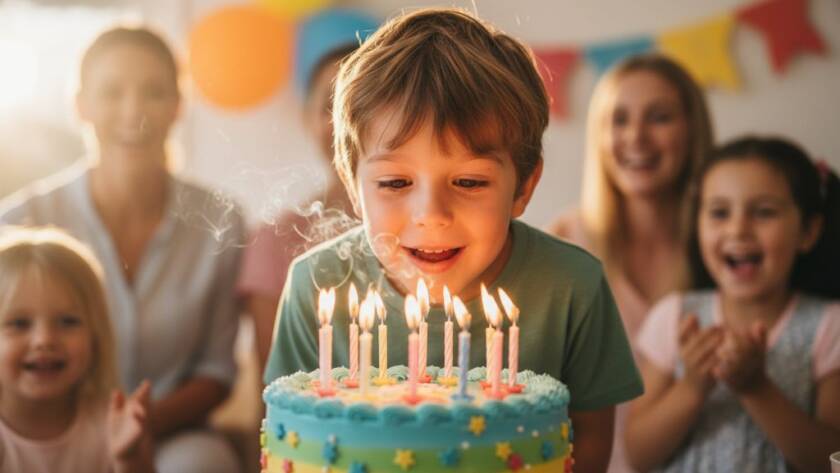 An epic moment of pure joy captured by a professional Hillside Victoria Kids Party Photography Moments photographer, showing a child's ecstatic face blowing out birthday candles amidst a vibrant blur of partygoers and colourful decorations, with dramatic, warm lighting.